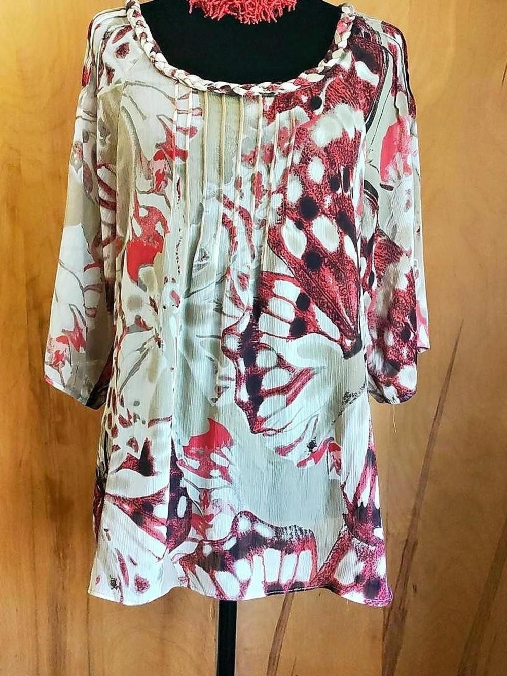 Cream Tunic with Red Floral-Butterfly Print